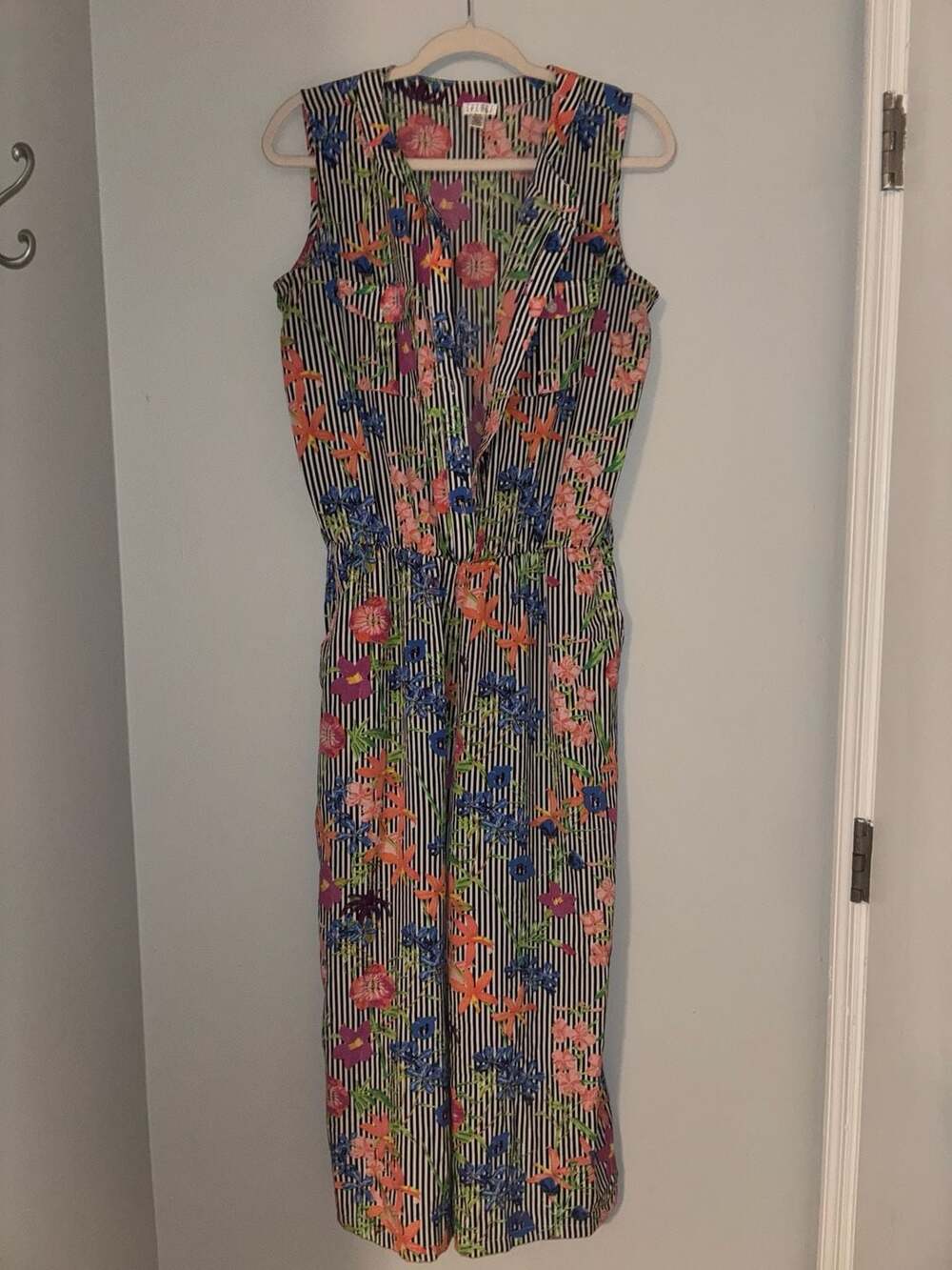Spense Tropical Floral Print Black and White Stripe Sleeveless Jumpsuit